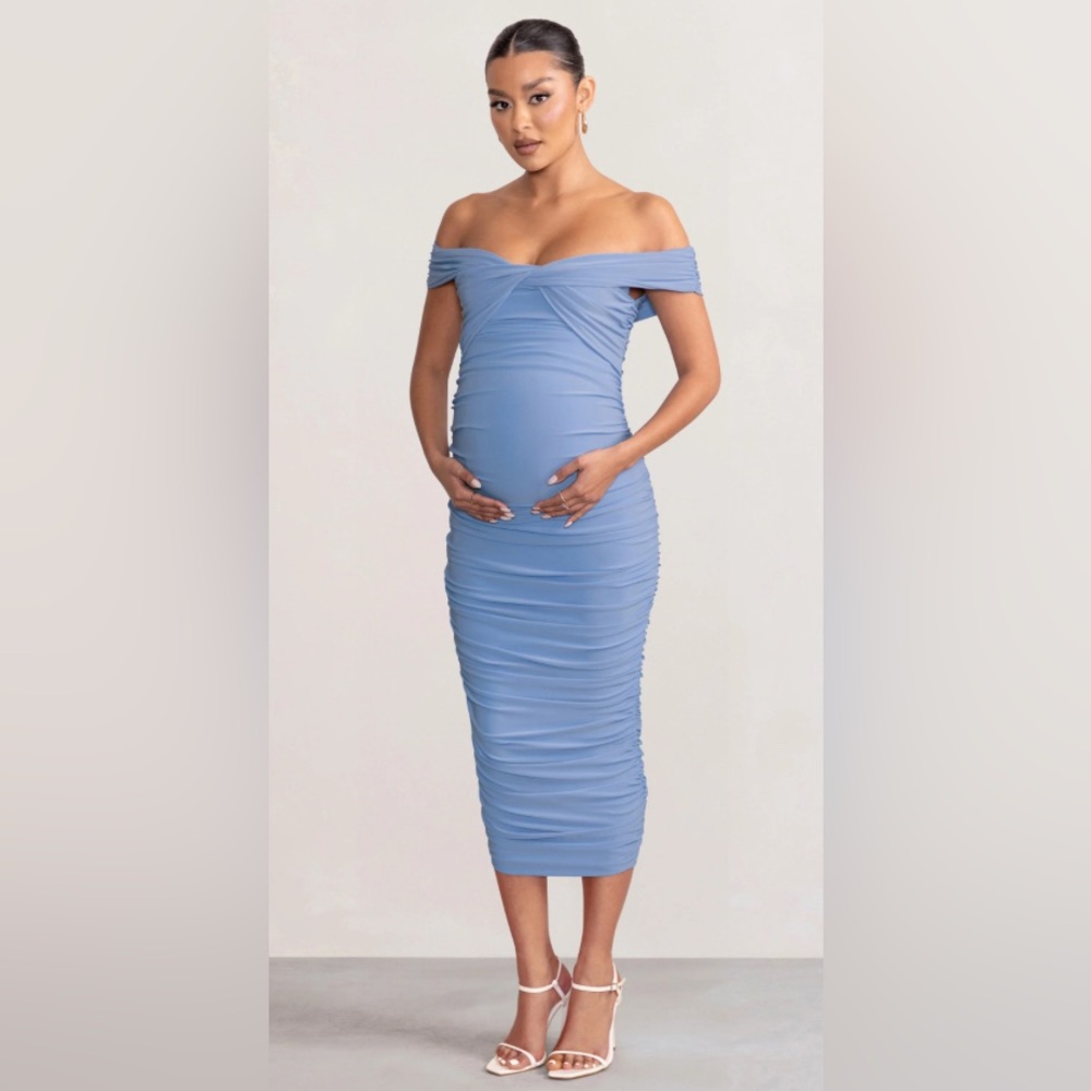Club London | Perfection | Powder Blue Maternity Bardot Knot Ruched Midi Dress